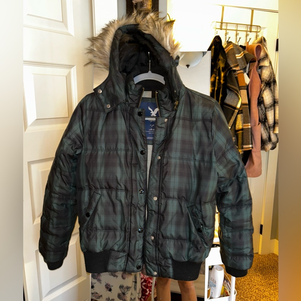 American Eagle Outfitters Plaid Puffer Jacket with Fur Hood